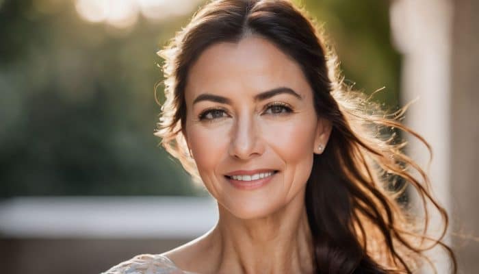 A woman with long dark hair, wearing a light-colored top, smiles warmly at the camera. She is outdoors with sunlight creating a soft glow and greenery in the background, which is slightly blurred. The scene conveys a serene and pleasant atmosphere, suggestive of natural beauty enhanced by Dermalax Deep Filler.