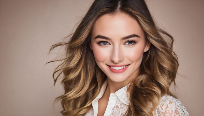 A woman with long, wavy blonde hair smiles warmly at the camera. She is wearing a white lace top, and her makeup is subtly applied to enhance her natural features. Her lips, defined with Belotero filler, add to her radiant look. The neutral beige background highlights her expressive eyes and friendly demeanor.
