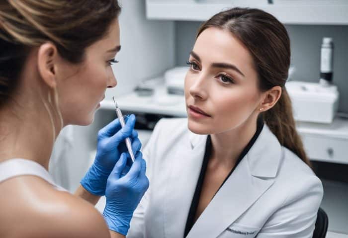 A female doctor in a white coat examines a young woman’s face while holding a tool, possibly for assessing Profhilo cost. The doctor wears blue gloves and focuses intently on the patient, who appears to be in a medical office. Medical equipment can be seen in the background.