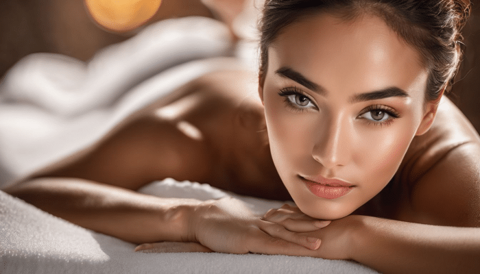 A young woman with a calm expression lies on a white towel, resting her head on her hands. Her skin glows in the soft lighting, enhanced by the effects of Belotero for under eyes. She has neatly groomed eyebrows and long eyelashes. The background is softly blurred, creating a serene ambiance.