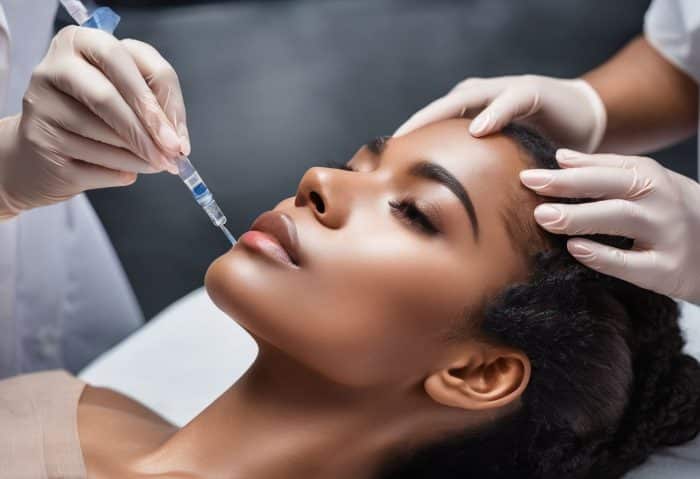 A woman with smooth, glowing skin lies on a medical bed with her eyes closed as a professional administers a Profhilo injection using a syringe. The professional's hands are gloved, gently holding her head while performing the procedure.