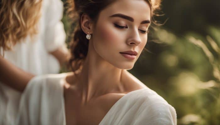 A woman with long, wavy hair and wearing pearl earrings looks down pensively. Dressed in a white, flowing outfit against a blurred, natural background, she exudes serenity and an ethereal charm, reminiscent of the elegance promoted by Jalupro products.