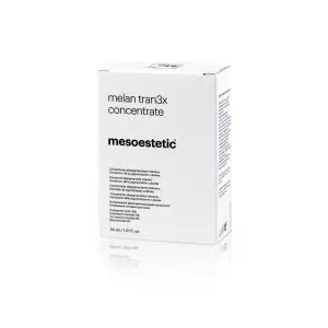 A white box displaying product packaging for "MESOESTETIC® MELAN TRAN3X CONCENTRATE" by mesoestetic. The text on the box includes directions and details in multiple languages. The box is 30 ml / 1.01 fl. oz. in size and is photographed against a plain white background.