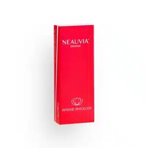A rectangular red box standing upright features the text "NEAUVIA™ ORGANIC" in white letters at the top and "INTENSE RHEOLOGY" with a lotus flower icon at the bottom. The product packaging is sleek and minimalist.