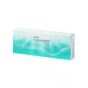 A white rectangular box with a light blue gradient design and small wave patterns. The text on the box reads "REVOFIL AQUASHINE SOFT FILLER - 2 Pre-Filled Syringes" in black letters. The overall impression is clean and minimalistic, suggesting a cosmetic or dermatological product.
