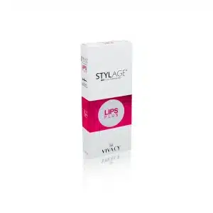 Image of a product box standing upright. The box is predominantly white with a bright pink band in the middle. The top section features the text "STYLAGE® LIPS PLUS BI-SOFT® with Lidocaine" in black and pink lettering. The bottom of the box displays the "VIVACY" logo.