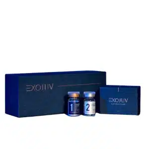 A blue rectangular box labeled "EXOJUV" is displayed with two smaller bottles labeled "1" and "2" in front of it. Another small blue box, also labeled "EXOJUV", is positioned to the right of the bottles. The setup is on a white background.