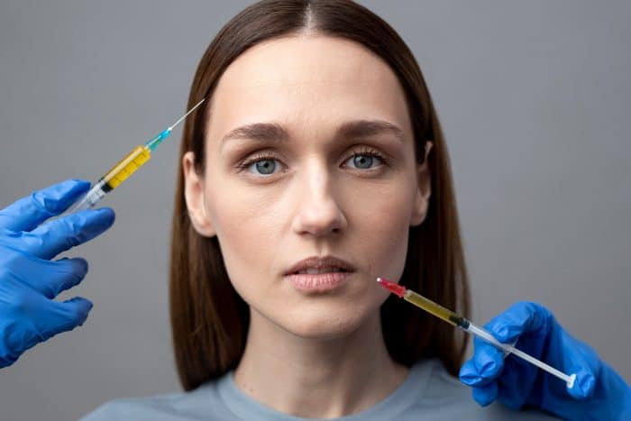 A woman with straight brown hair looks forward expressionlessly. Two gloved hands hold syringes near her face, one near her forehead and the other near her lips, suggesting a cosmetic procedure. The scene invites questions about choices like Dysport vs Daxxify. The background is plain gray.