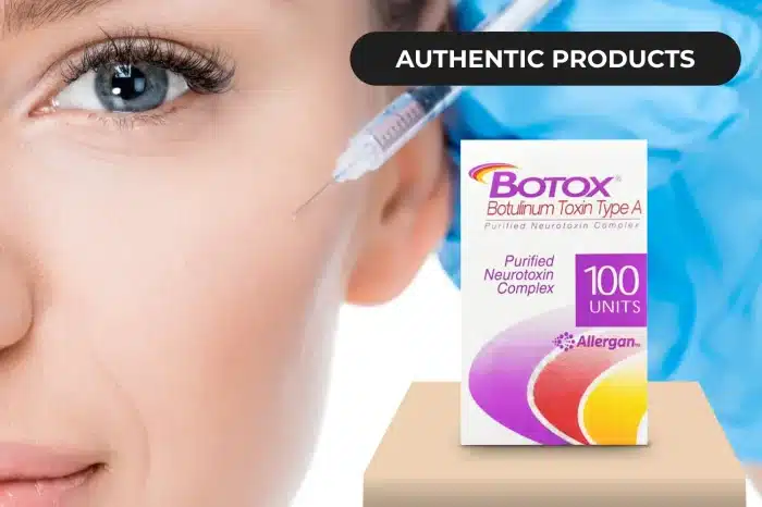 Close-up of a person's face being injected with a syringe, symbolizing a Botox treatment. Beside them is a box labeled "Botox Botulinum Toxin Type A - 100 Units - Allergan" on a beige surface. A label reading "AUTHENTIC PRODUCTS" is at the top right.