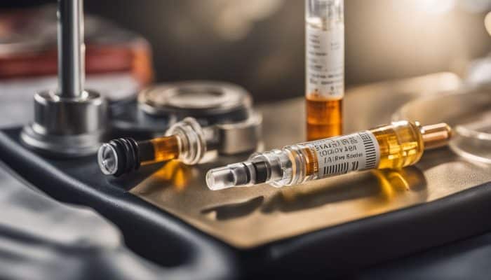 A close-up shot of medical syringes filled with amber fluid on a tray, with vials and stethoscope parts in the background. The syringes, labeled as hyalgan knee injections, are illuminated by soft lighting, conveying a clinical and professional setting.