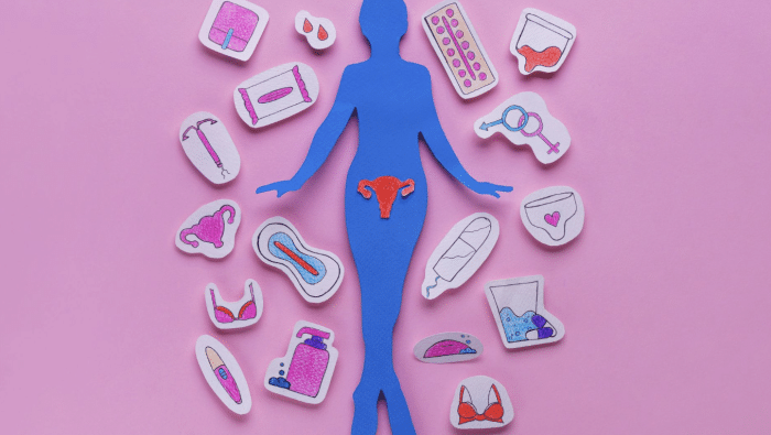 A blue silhouette of a person stands on a pink background. Surrounding the silhouette are various colorful illustrations related to reproductive health, including contraceptives, menstrual products, and anatomical drawings of reproductive organs.