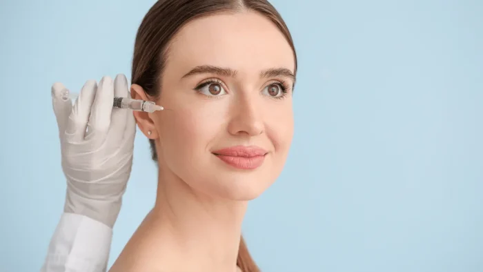 A woman with long brown hair receives an injection in the side of her face from a person wearing a white glove, set against a light blue background.