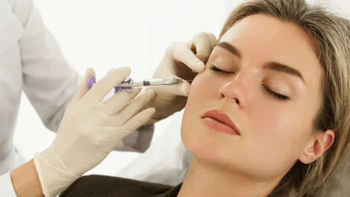 A person with closed eyes receives an injection in the cheek from a gloved medical professional. The setting appears to be a clinical or cosmetic procedure environment.
