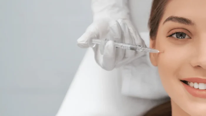 A person receives a cosmetic injection near their eye. A gloved hand holds the syringe. The person is smiling slightly. The background is out of focus, emphasizing the procedure.