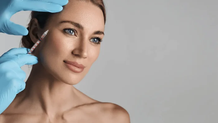 A woman with light skin and blonde hair is receiving a cosmetic injection on the side of her face. She is looking forward with a calm expression. Blue-gloved hands are administering the treatment with a syringe on a neutral background.