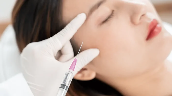 A woman with closed eyes receives a facial injection from a medical professional wearing white gloves. The syringe has a pink needle. The scene suggests a cosmetic procedure in a clinical setting.