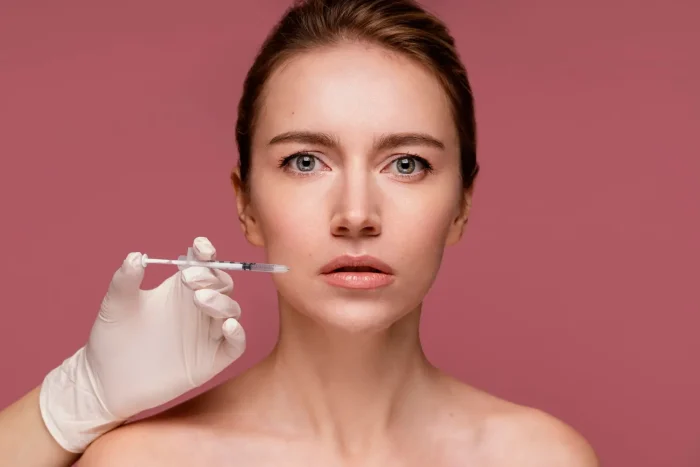 A woman with brown hair is looking directly at the camera against a pink background. A gloved hand holds a syringe near her face, suggesting preparation for an injection. She appears calm and composed.