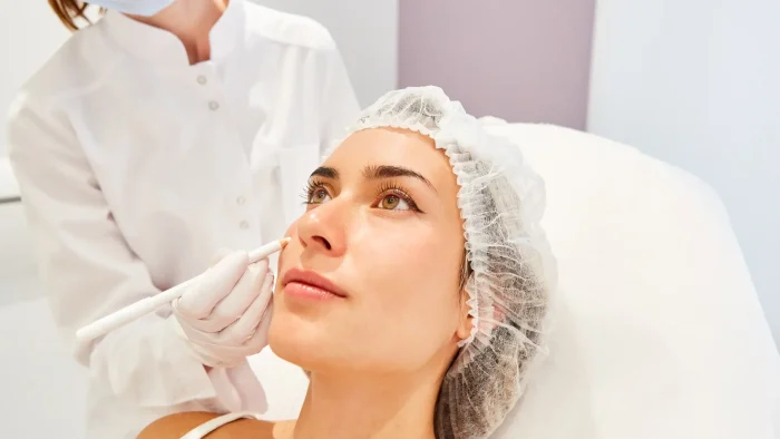 A person lies on a treatment bed wearing a hair net while a healthcare professional applies a cosmetic or medical treatment to their face using an applicator. The setting appears clinical, suggesting a skincare or cosmetic procedure.