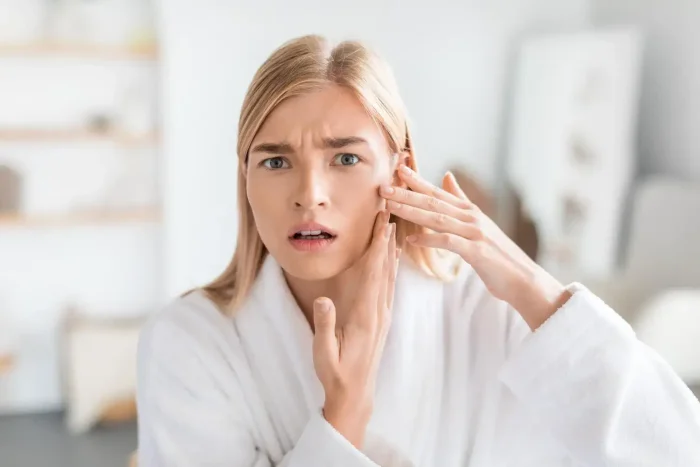 A concerned woman in a white bathrobe examines her face closely in a mirror, focusing on her cheek. She appears to be worried about her skin. The background is a softly blurred interior, suggesting a bathroom or bedroom setting.