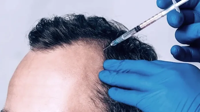 A person receiving a hair restoration treatment with a syringe. Blue-gloved hands are administering the injection into the scalp, focusing on the hairline area.