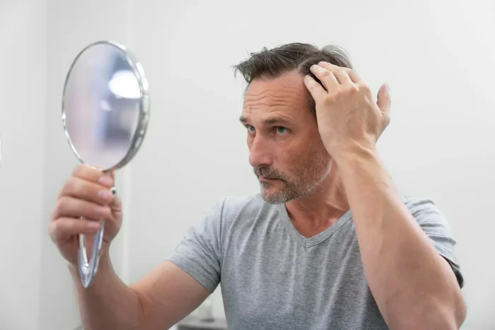 A man with short hair and a beard examines his hair in a small, round handheld mirror. He is indoors, wearing a gray t-shirt, and appears focused while looking at his reflection.