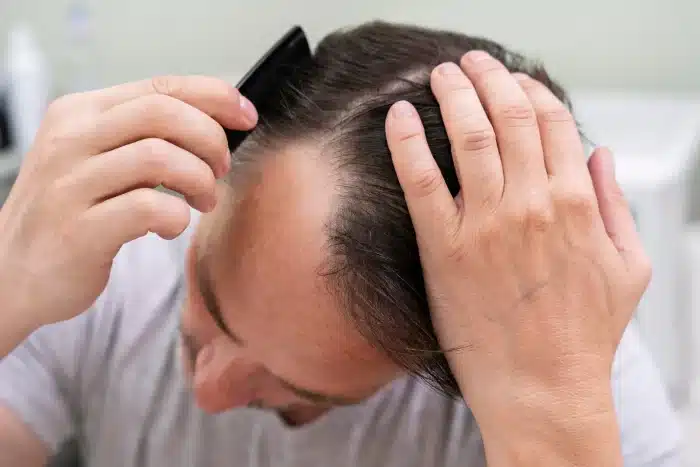 A person in a gray shirt combs their thinning hair with a black comb, focusing on the top of the head. Their other hand is adjusting the hair, with a sink visible in the background.