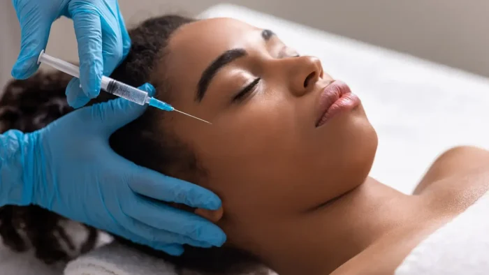 A person receiving a facial injection while lying down. A medical professional's hands in blue gloves hold a syringe near the person's temple. The person has closed eyes and appears relaxed.