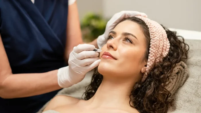A person with curly hair and a pink headband receives a cosmetic treatment on their lips from a professional wearing gloves. They are lying on a towel, appearing relaxed in a spa setting.