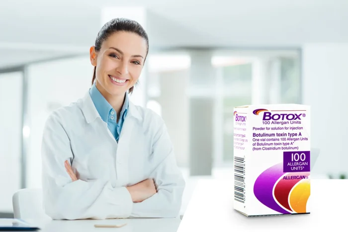 A smiling woman in a lab coat stands beside a box of Botox. The background is bright and modern, suggesting a clinical or medical setting.
