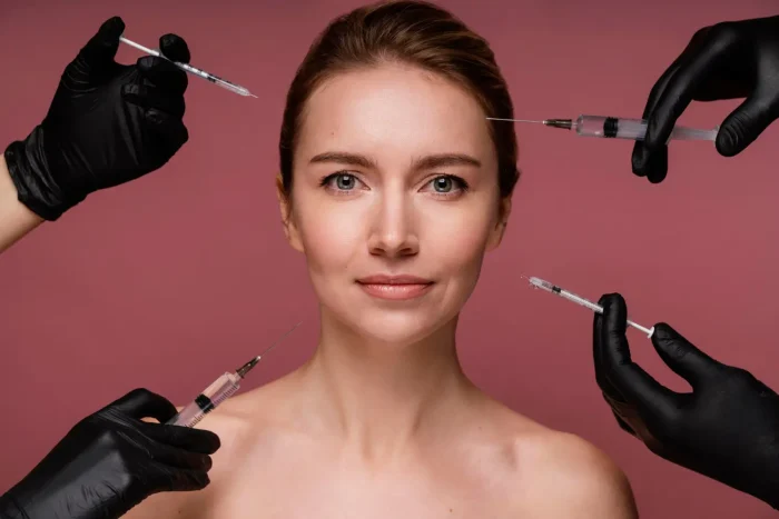 Numerous dermal filler syringes held up to a patient's face.