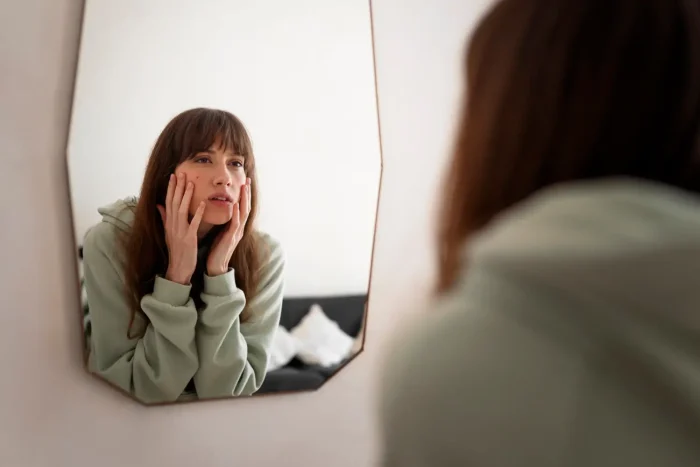 Woman checking her face in the mirror after experiencing side effects from filler treatment