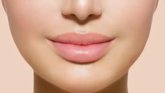 Close-up of a person’s face focusing on the lower half, showing smooth skin and soft pink lips. The background is a light peach color, highlighting the even complexion.