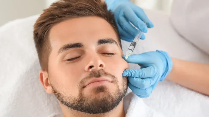 Person with a beard and closed eyes lies on a white towel while a gloved professional administers an injection to their cheek.