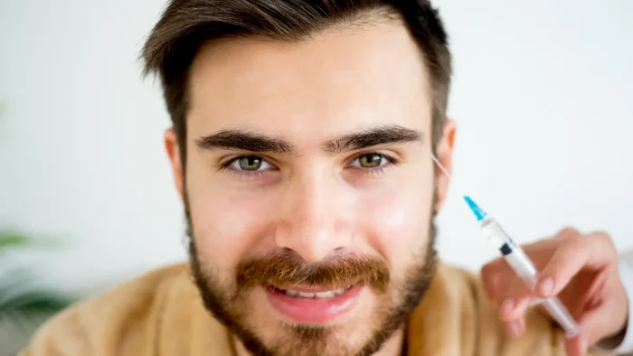 A bearded man smiles as a hand holds a syringe near his cheek, suggesting a cosmetic procedure like Botox or dermal fillers. He has short, dark hair and is wearing a light brown shirt. The background is blurred.