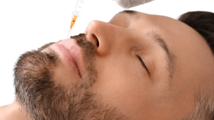 A man with a beard receives an injection in the face, likely a cosmetic procedure. He has his eyes closed, and a gloved hand is administering the syringe. The background is plain white.