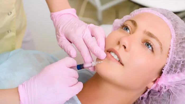 A person wearing a hair cap and blue gown receives a cosmetic injection to the lips from someone in pink gloves. The scene is in a medical or spa setting, focusing on beauty treatment.