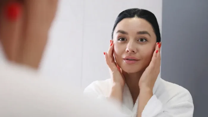 A woman in a white robe gently touches her face while looking at her reflection in a mirror. She has dark hair pulled back and red nail polish. The background is softly blurred, focusing on her serene expression.