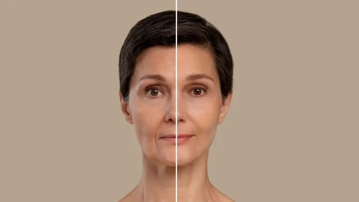 A woman's face is split vertically to show aging effects. The left side features wrinkles and sagging, while the right side appears smooth and youthful. She has short, dark hair and a neutral expression against a beige background.