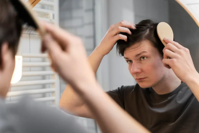 Man brushing hair in mirror and checking scalp