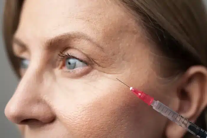 Close-up of a person's face with focus on their eye area. A syringe with a red tip is positioned near the skin, suggesting a cosmetic procedure or injection. The skin around the eye shows natural textures and lines.