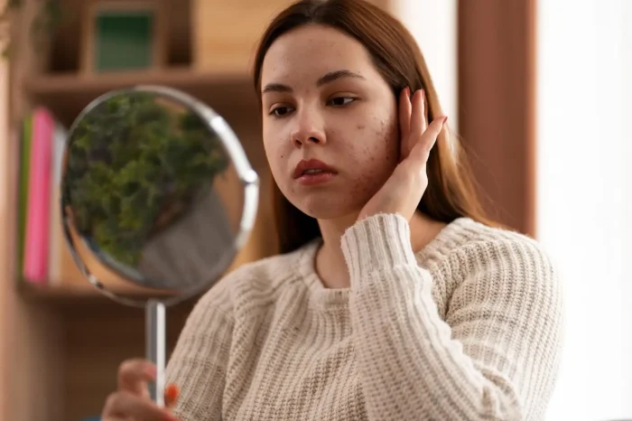 A young woman with long brown hair is wearing a cream sweater and examining her face in a hand-held mirror. Her expression appears thoughtful, and she is touching her cheek. Books and plants are blurred in the background.