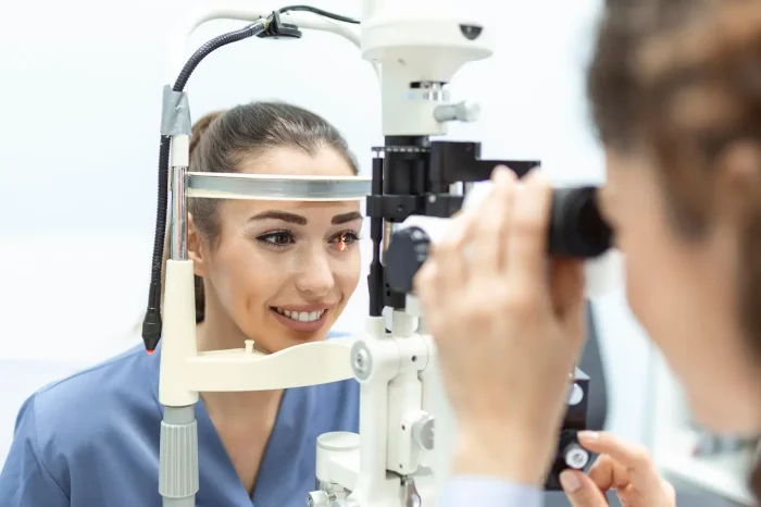A woman in a blue medical uniform is sitting at an eye examination machine, smiling as she looks into the device. Another person in the foreground is adjusting the machine controls, conducting the eye test.