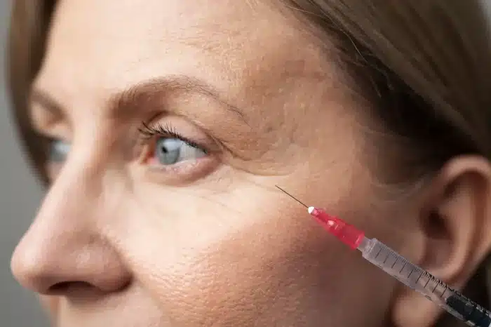 A close-up of a person's face focusing on the eye area. A syringe with a red cap is positioned near the skin, suggesting a cosmetic procedure or injection. The background is blurred, emphasizing the face and syringe.
