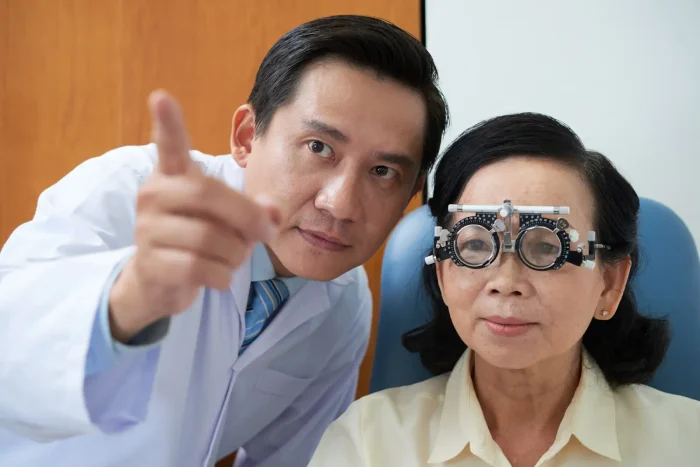 An eye doctor in a white coat conducts an eye exam on a woman wearing trial frames. The doctor points to an unseen object, guiding the patient's focus. They are in a medical office with wood and white walls.