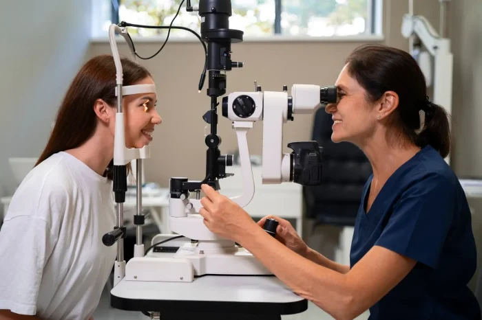 A woman in a white shirt is having her eyes examined with a slit lamp by an eye care professional in a blue uniform. They are seated across from each other in an examination room with medical equipment in the background.