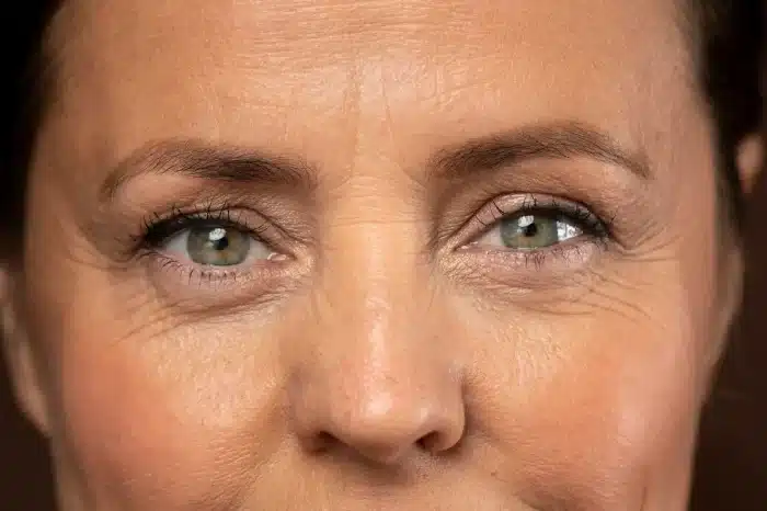 Close-up image of a person's eyes with light green irises. The skin around the eyes shows natural wrinkles and expressions. The eyebrows are well-groomed, and the lighting highlights a warm complexion.