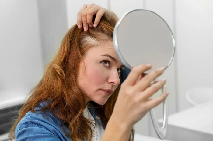 A woman with long red hair examines her scalp closely in a handheld mirror, parting her hair with her fingers, in a brightly lit bathroom.