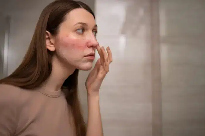 A woman with long brown hair applies cream to her cheek while looking in a mirror. Her face shows visible redness and irritation on her cheeks and nose.