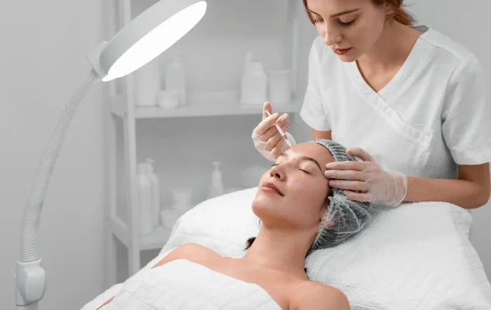 A woman lies on a treatment bed with her eyes closed as a medical professional in gloves and uniform administers an injection to her face in a clinical setting.
