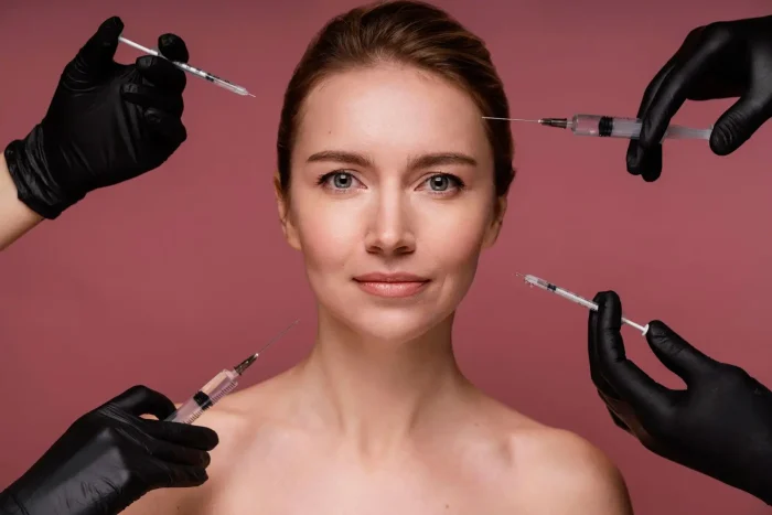 A woman with bare shoulders looks ahead calmly as three hands in black gloves hold syringes near her face and neck, against a pink background, suggesting cosmetic or beauty treatments.